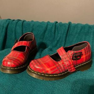 Size 7 Dr. Martens, Mary Janes, red plaid